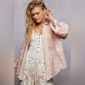 POL Pink Lace Button-Up Shirt